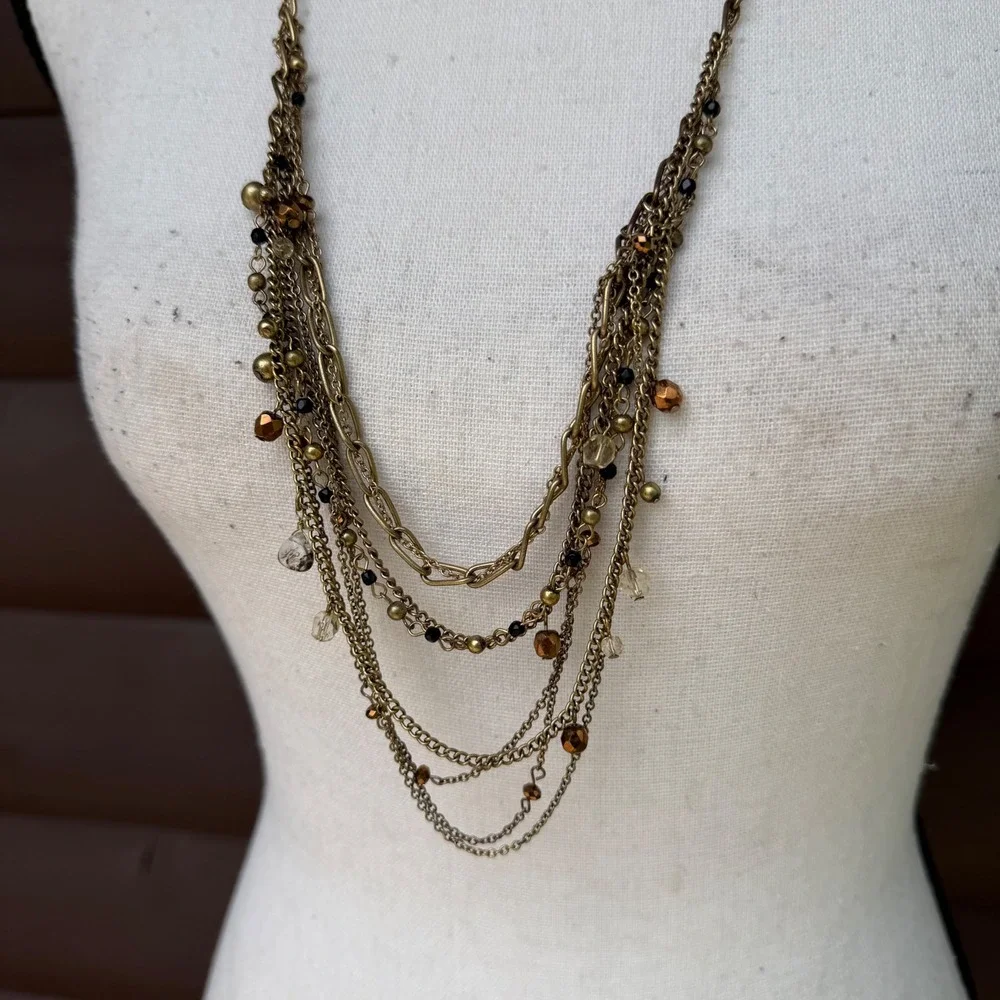Coldwater Creek Vtg Style Antique Brass Multi Strand Layered Statement Necklace